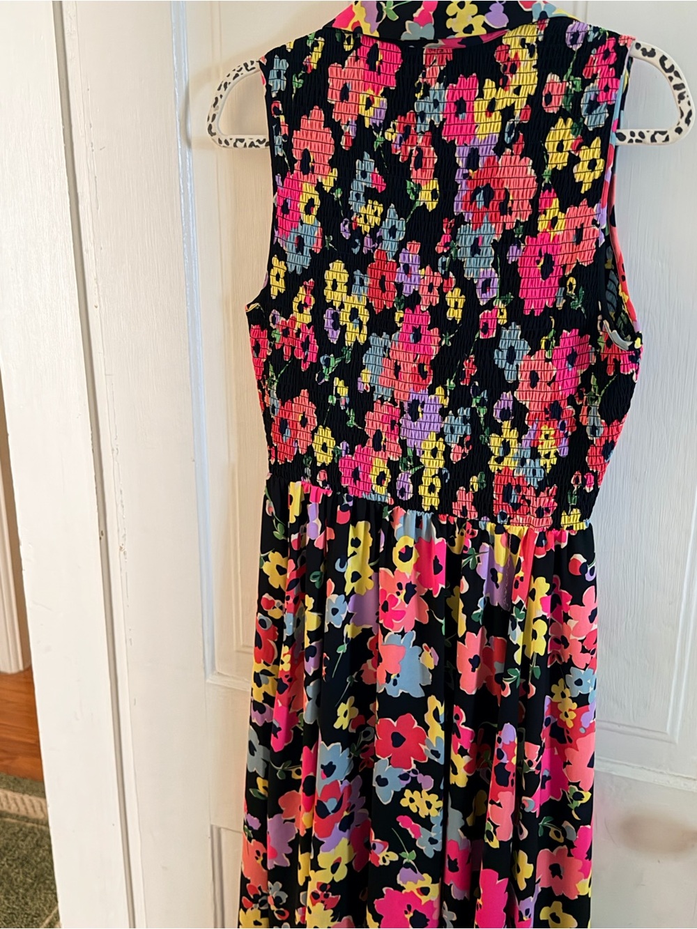 kate spade Black Floral Smocked Waist Dress with Neon Pink, Yellow, Purple, Blue